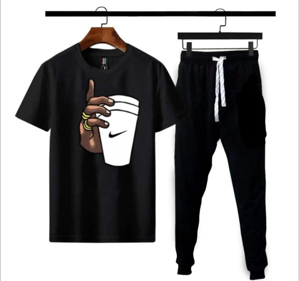 (black) Black Hand With Cup Printed Gym Wear Half Sleeves O Neck Trouser & Tshirt Tracksuit For Men Highly Recommended Tracksuit For Boys