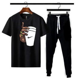 (black) Black Hand With Cup Printed Gym Wear Half Sleeves O Neck Trouser & Tshirt Tracksuit For Men Highly Recommended Tracksuit For Boys