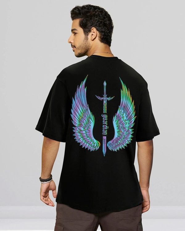 Men’s Black Guardian Wings Graphic Printed Oversized T-shirt