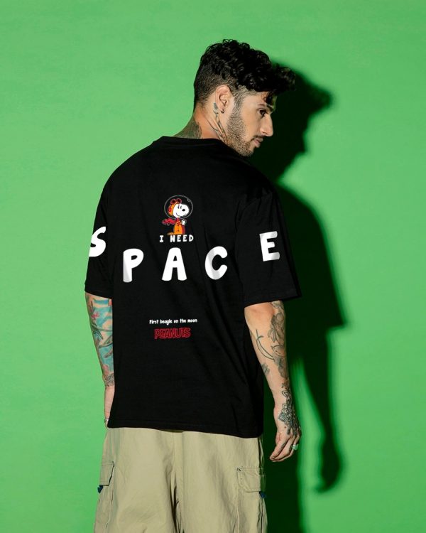 Men’s Black Need Space Snoopy Graphic Printed Over-sized T-shirt