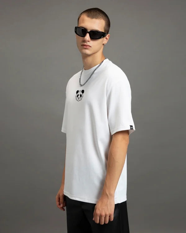 Men’s White Geo Panda Graphic Printed Oversized T-shirt