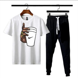 (white) Black Hand With Cup Printed Gym Wear Half Sleeves O Neck Trouser & Tshirt Tracksuit For Men Highly Recommended Tracksuit For Boys