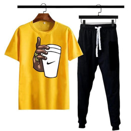 (yellow) Black Hand With Cup Printed Gym Wear Half Sleeves O Neck Trouser & Tshirt Tracksuit For Men Highly Recommended Tracksuit For Boys
